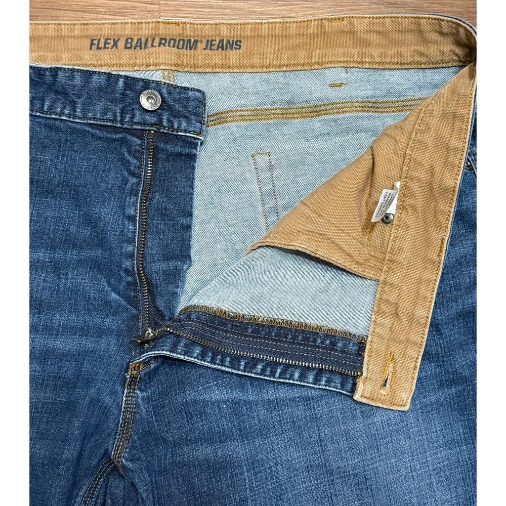 Duluth Trading Flex Ballroom Jeans Men Relaxed Fit Blue Dark Wash Denim Sz 42x30